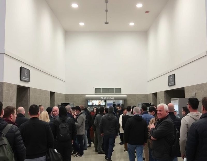 Antes — Una sola fila para todos los trámites y espera concentrada en la entrada.